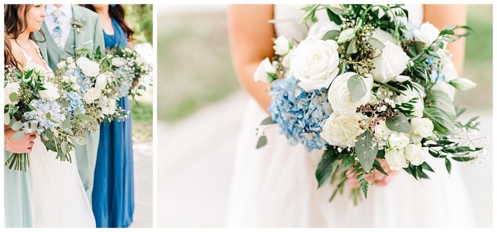 Sage green, dusty blue, slate blue flowers